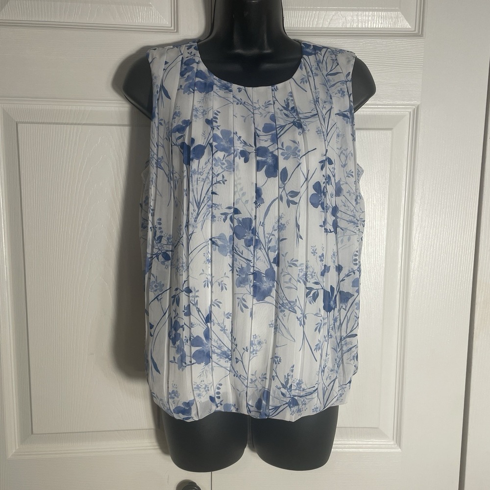 Calvin Klein Floral Shirt Women S White Blue Pleated Sleeveless Chiffon Lined